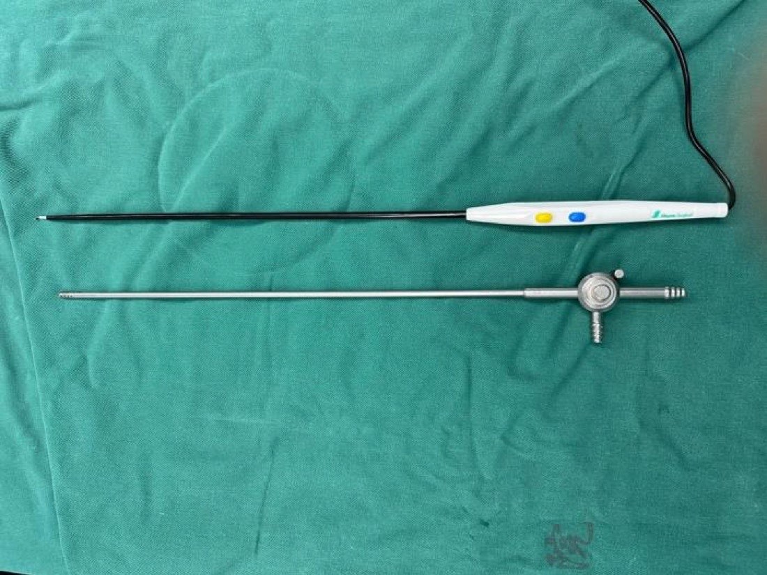 The two MESM instruments: a long flexible electrocautery hook and a long suction-irrigation tube